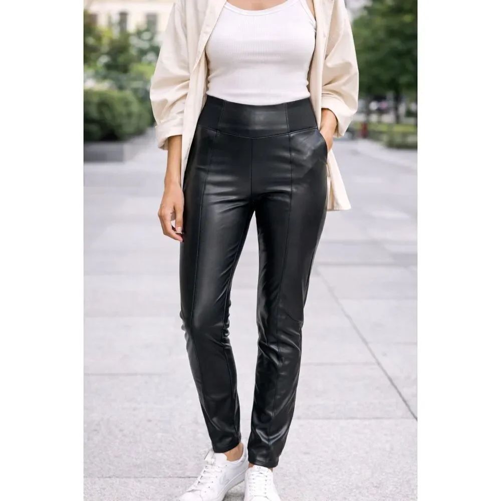 Ci Sono Faux Leather Leggings Size L Black High Waist Stretch Slim Fit Chic